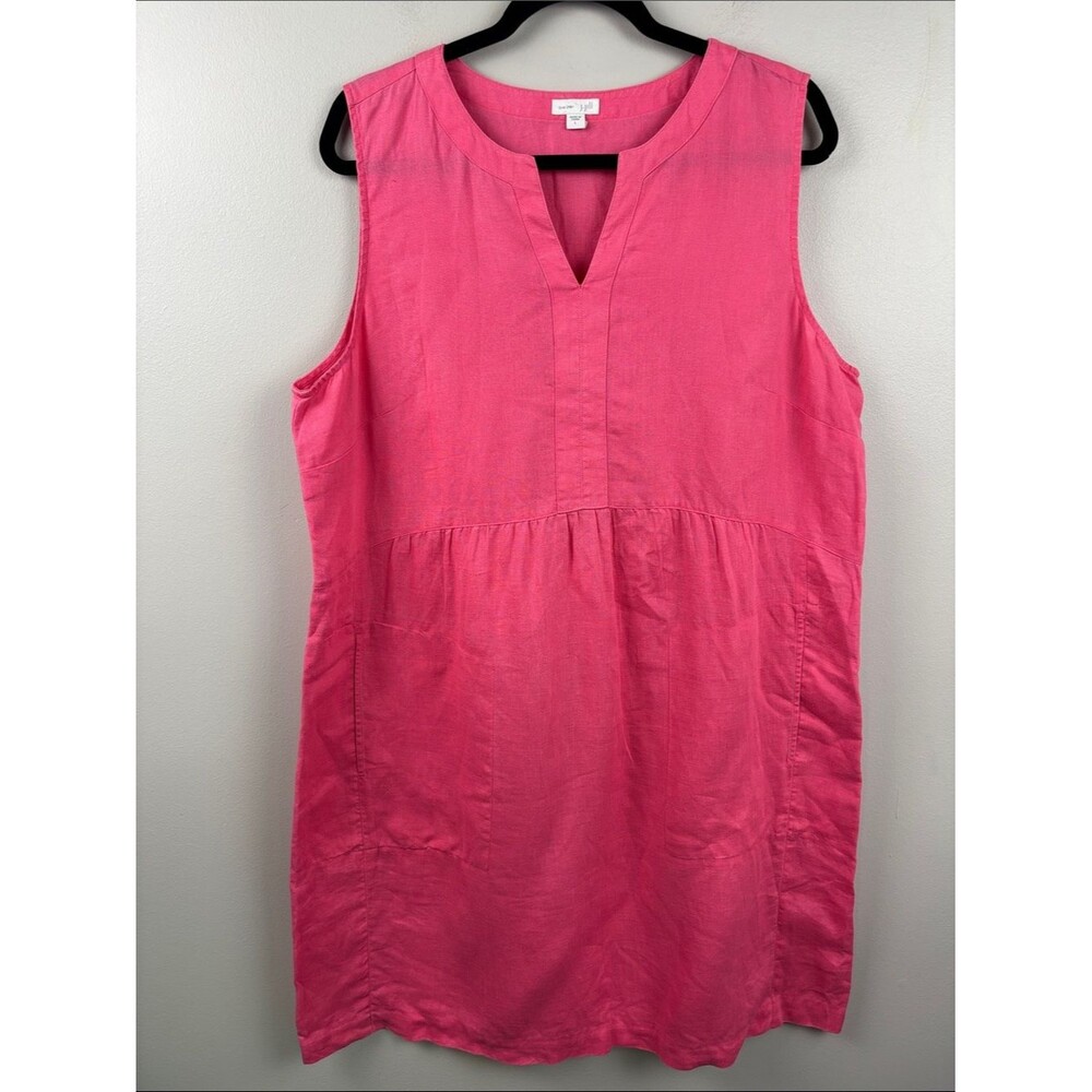 J. Jill Bright Pink 100% Linen sheath dress Large pockets sleeveless love linen